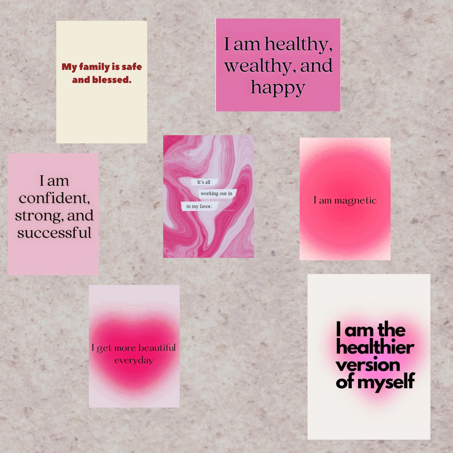 Affirmations Posters Collage Set Pink | Set of 6 A4 Posters & 12 A5 Posters