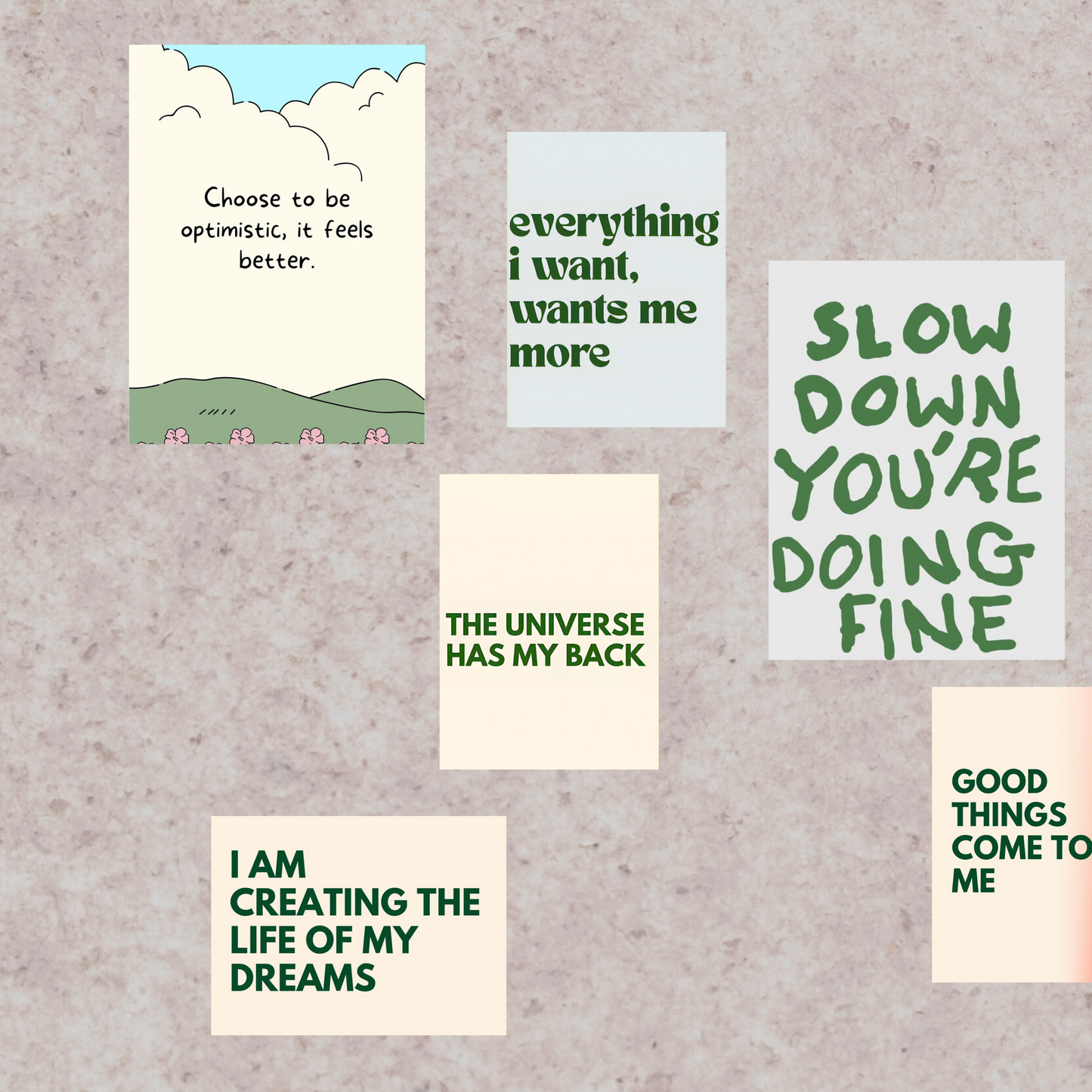 Motivational posters with inspirational quotes on a textured wall.