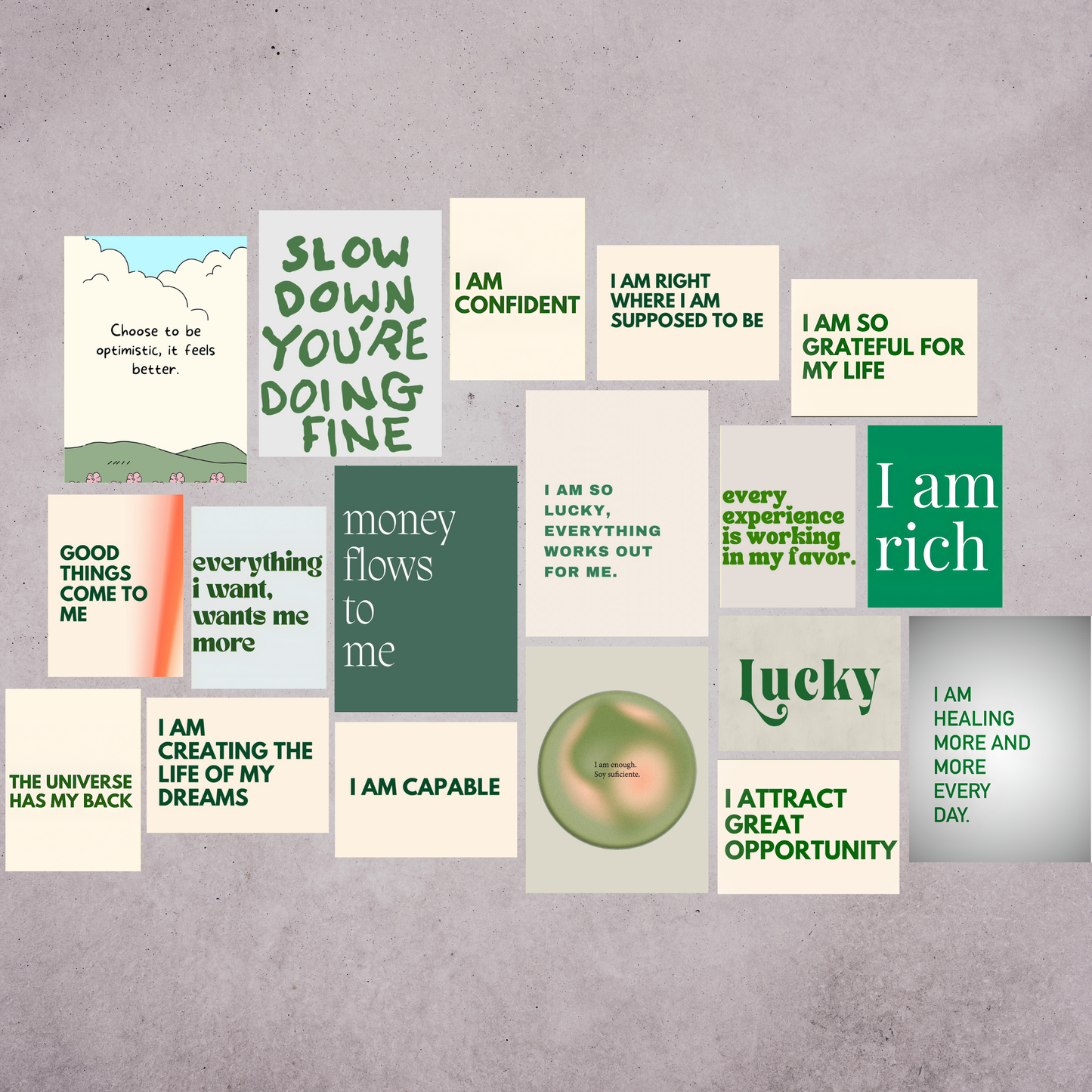 Motivational posters with affirmations on a gray background