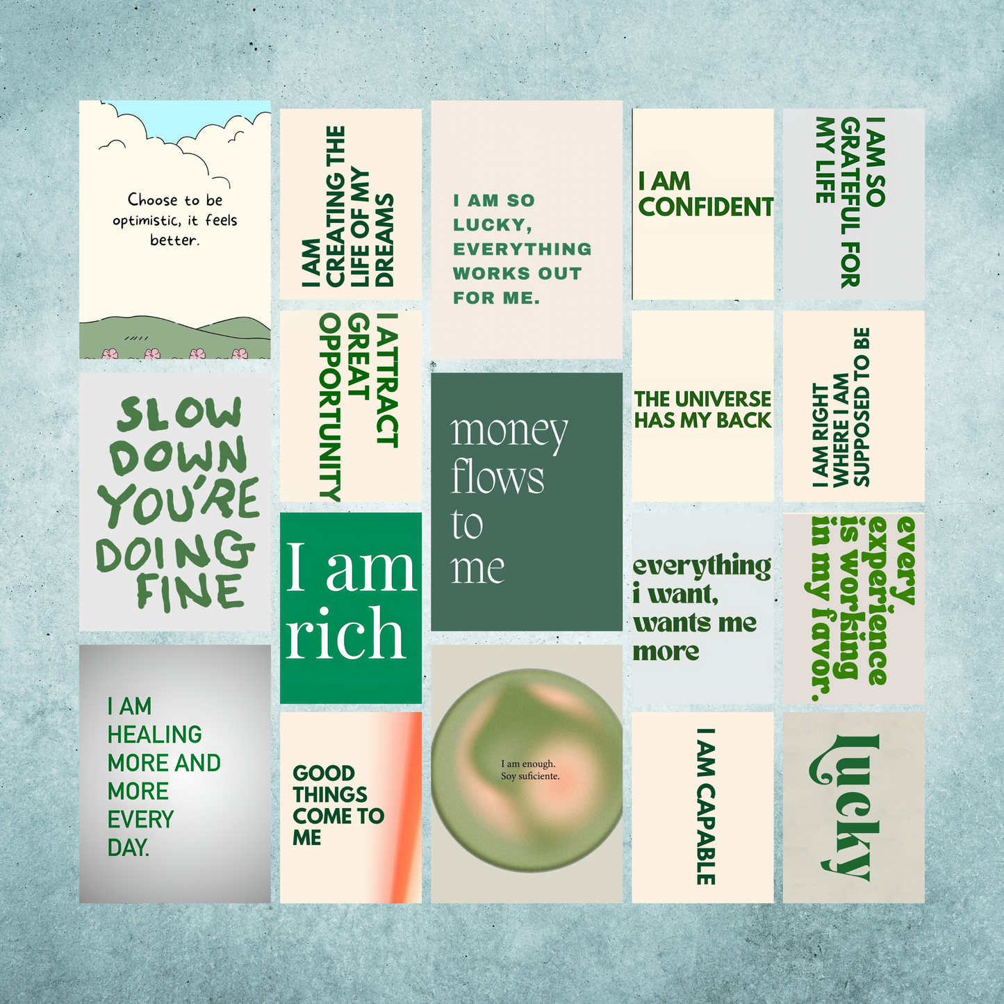 Affirmations Posters Collage Set- Green | Set of 6 A4 Posters & 12 A5 Posters